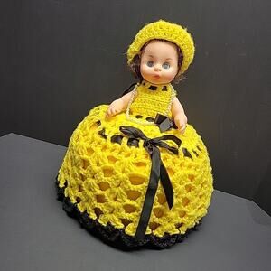 VTG Handmade Shelf Sitter Doll 14" Crochet Clothes Rare Folk Art Bee Girl Style